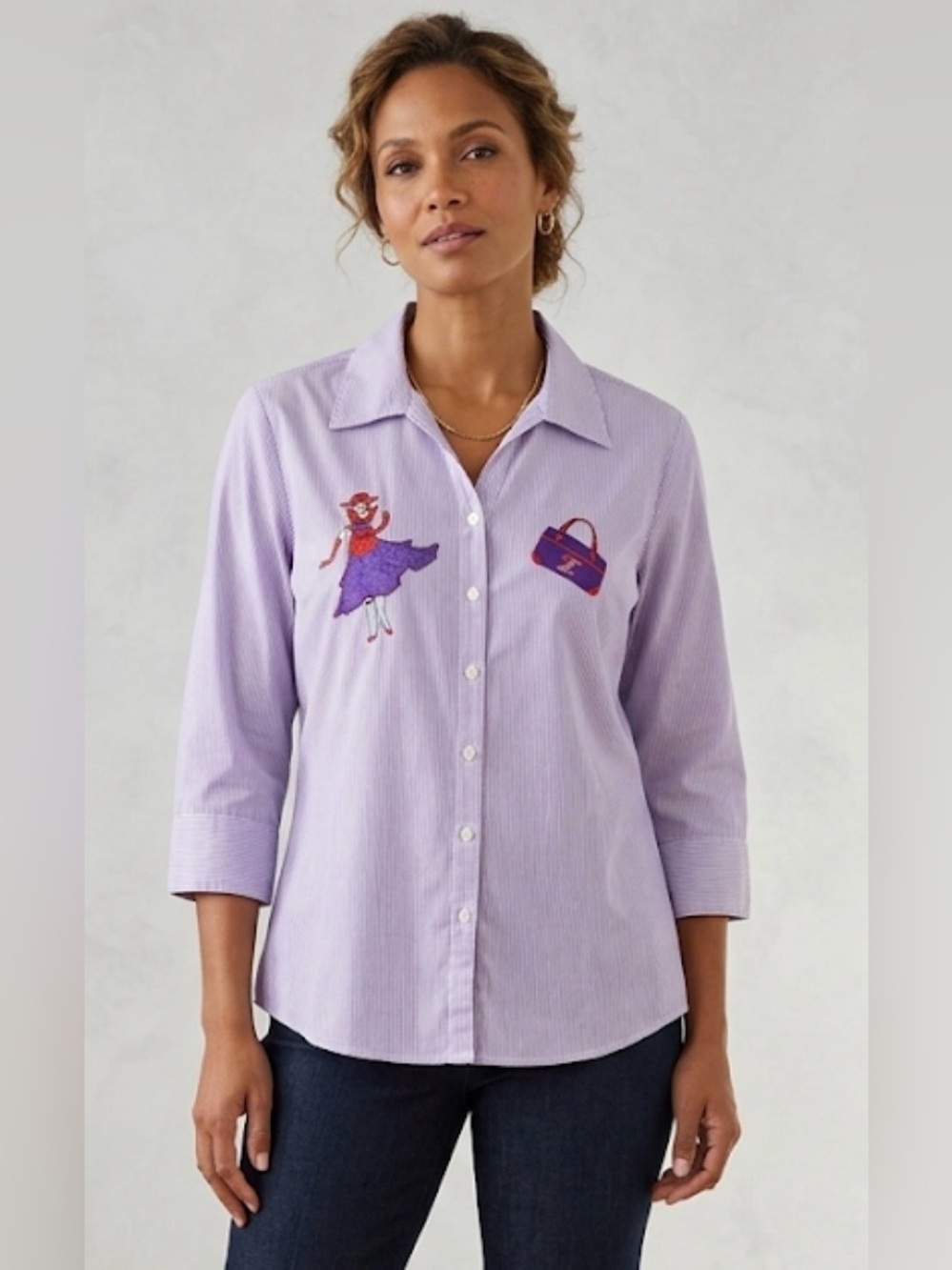Vintage Las Olas Embroidered Button Down Shirt Purple Striped Red Hat Society S